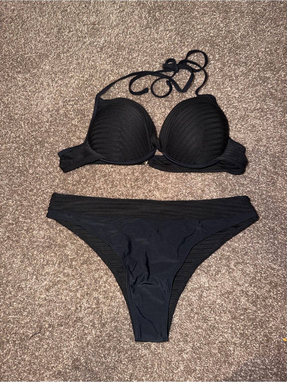 SHEIN Black Push-Up Ribbed Bikini Set